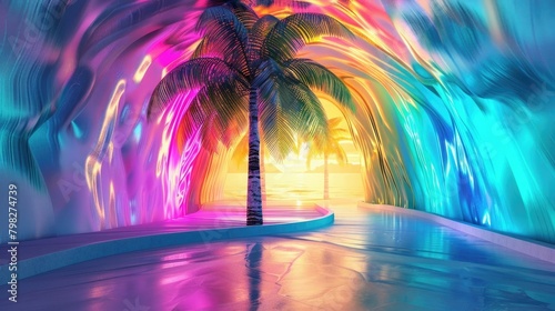 3D rendering of Abstract Colorful Tunnel with Palm Tree. Copy Space, Image Montage. Multi colored.