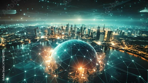 Global network connection over modern cityscape at night. 3D rendering, Global network connection and the internet of things IoT concept photo