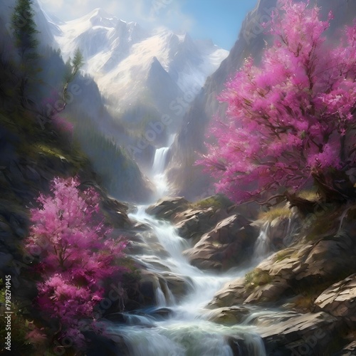 Landschaft Wasserfall im Frühjahr. Hintergrund für das Design.