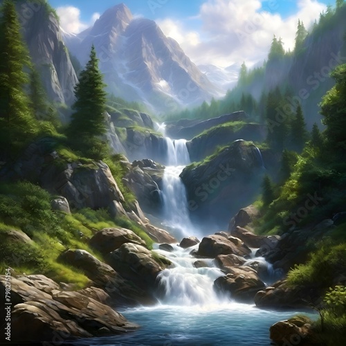  Landschaft Wasserfall im Sommer. Hintergrund für das Design.