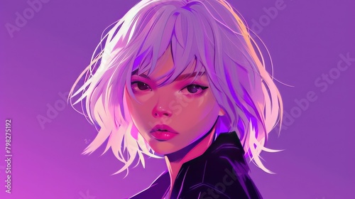 a cool girl with white hair,looking at the camera,purple background,Avatar,manga,flat illustration,minimalism,geometric shapes,highly detailed,8k