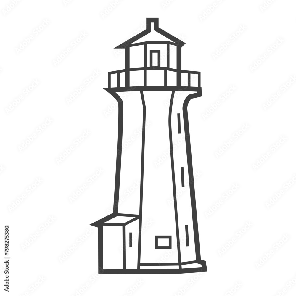 Vector linear icon of a lighthouse, representing a tourism-related item. Black and white line drawing of a coastal navigation aid.