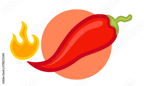 Vector illustration of a spicy chili pepper with flame. Cartoon red chili for Mexican or Thai food.