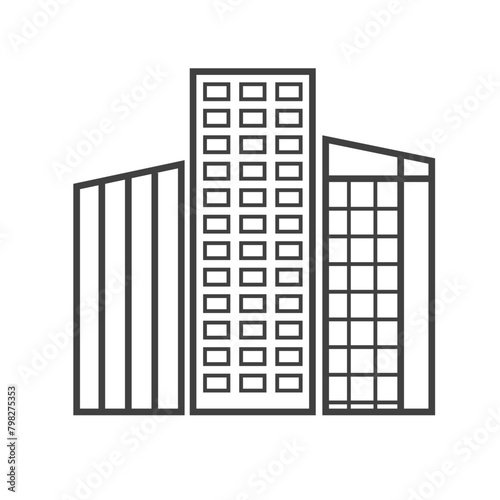 Vector linear icon of a hotel building, representing a tourism-related item. Black and white line drawing of a multi-story hotel. photo