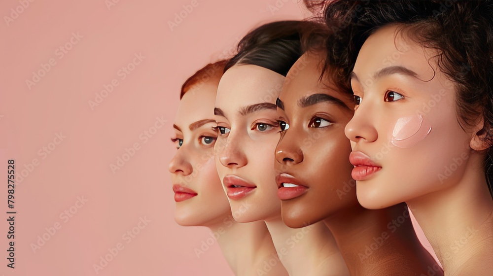group of cosmetic beauty care brown beautiful very attractive model women take care of her skin with copy and text space on solid pastel background, 16:9 group of cosmetic beauty care brown beautiful very attractive model women take care of her skin with copy and text space on solid pastel background, 16:9