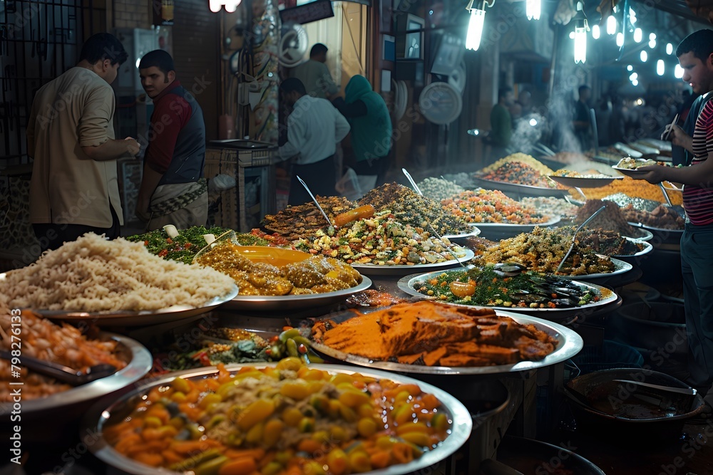Against the backdrop of a bustling market, the camera pans across stalls piled high with Arabic dishes, their tantalizing aromas and vibrant colors drawing in passersby with irresistible allure