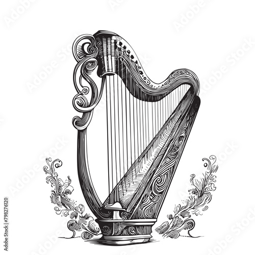Vintage harp sketch hand drawn