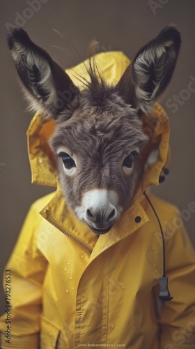Cute Baby Donkey in Yellow Raincoat