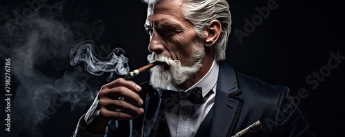 Elegant man with cigar in luxurious dark interior. copy space for text.