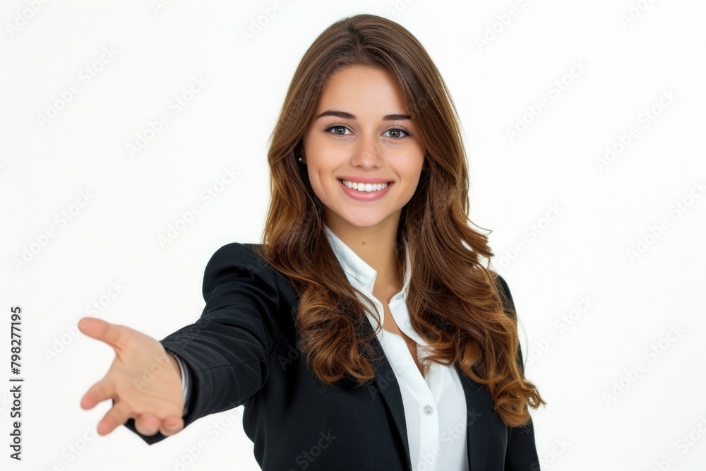 Business woman in suit holding out her hand. Generative AI. Business woman in suit holding out her hand. Generative AI.