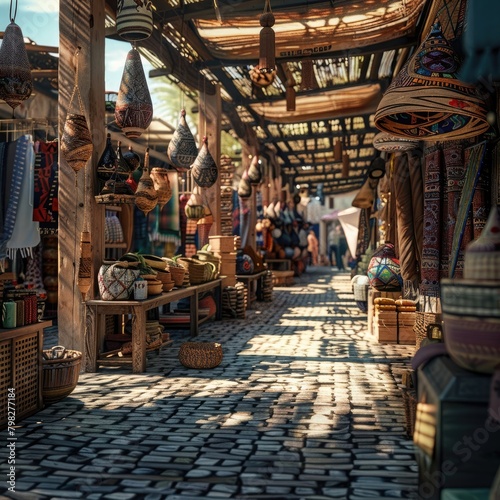 A cultural fusion market with stalls selling a mix of traditional crafts and modern goods, © Ammar
