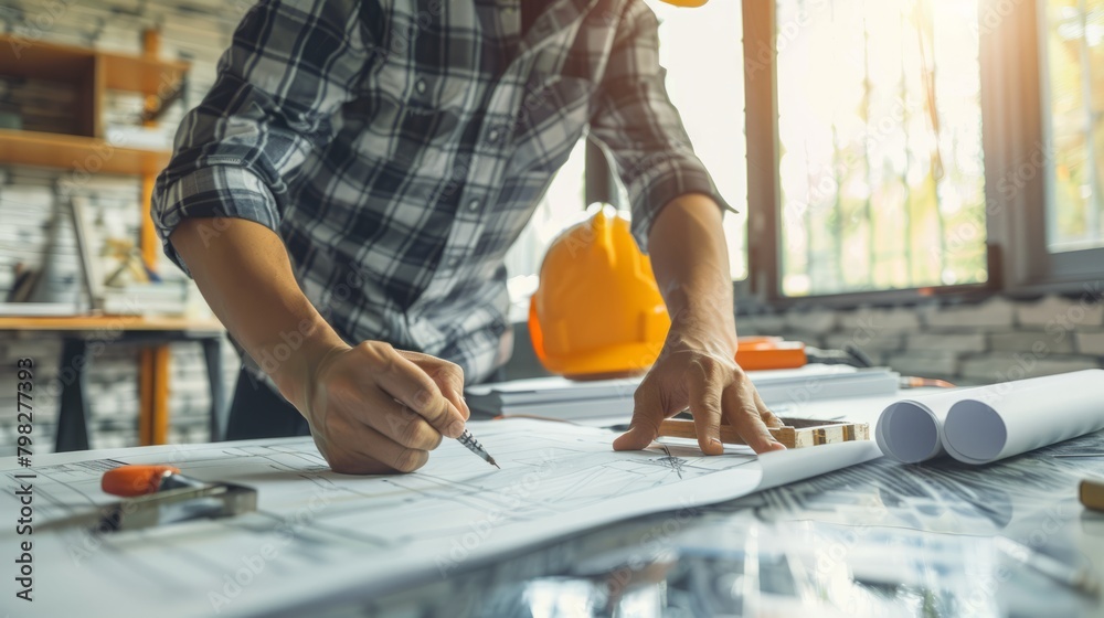 engineer working drawing on blueprint meeting for project working with partner. worker's day. labor day engineer working drawing on blueprint meeting for project working with partner. worker's day. labor day
