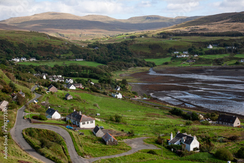 Farm houses on the Scottish hills in the isle of skye.