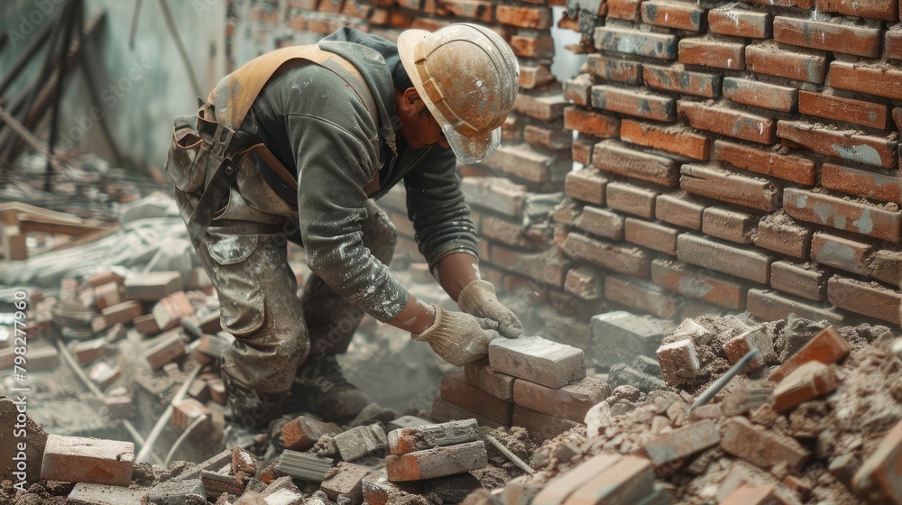 View of mason laying bricks at construction site. worker's day. labor day. international worker's day View of mason laying bricks at construction site. worker's day. labor day. international worker's day