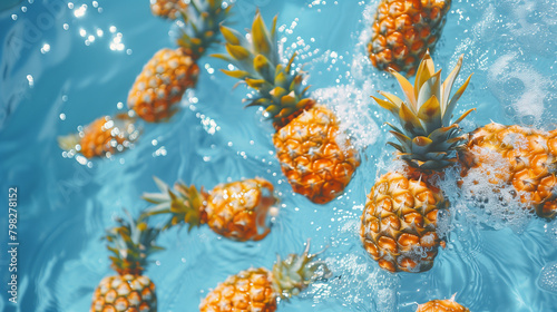 photo of pineapples swimming on a pool, water, brite sky, photo taken from above  photo