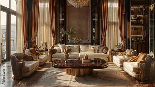 Amidst a backdrop of cascading silk drapes, the furniture gleams with a lustrous sheen, evoking a sense of regal grandeur and understated luxury photo