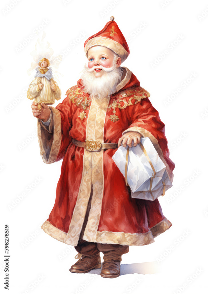 A traditional Santa Claus holding a bag full of wrapped Christmas presents