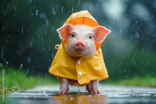 Pig wearing a raincoat photo
