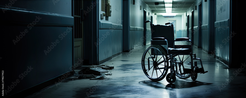 wheelchair positioned in the center of an empty, dimly lit hospital corridor, evoking feelings of abandonment or anticipation. copy space for text. wheelchair positioned in the center of an empty, dimly lit hospital corridor, evoking feelings of abandonment or anticipation. copy space for text.