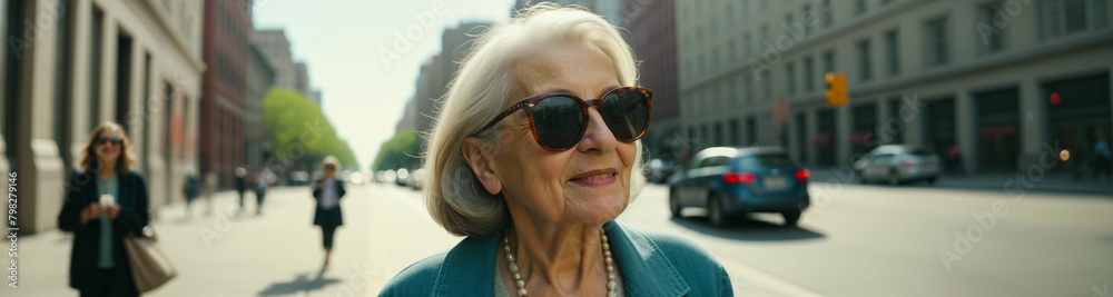 Modern happy old or senior woman stylishly dressed in a shirt and sunglasses standing on the street in the background of a big city on a sunny day. Close-up