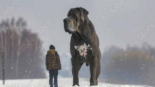 A very big dog, domineering and imposing, and a person appears very smal photo