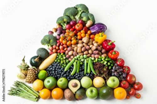 colorful pyramid of healthy foods arranged on white background