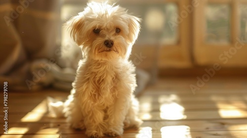 A white Maltese sits in a room on a wooden floor, the sun shines from the window