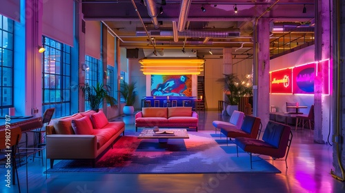 As neon light floods the room, it reveals a tableau of contrasts vintage meets modern, warmth meets coolness, in a space that defies simple categorization