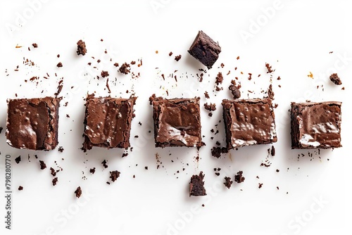 decadent chocolate brownies in five devoured stages on white background food photography photo