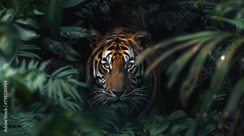 A detailed image of a tiger emerging from dense foliage  showcasing the stealth and grace of these elusive creatures on International Tiger Day.