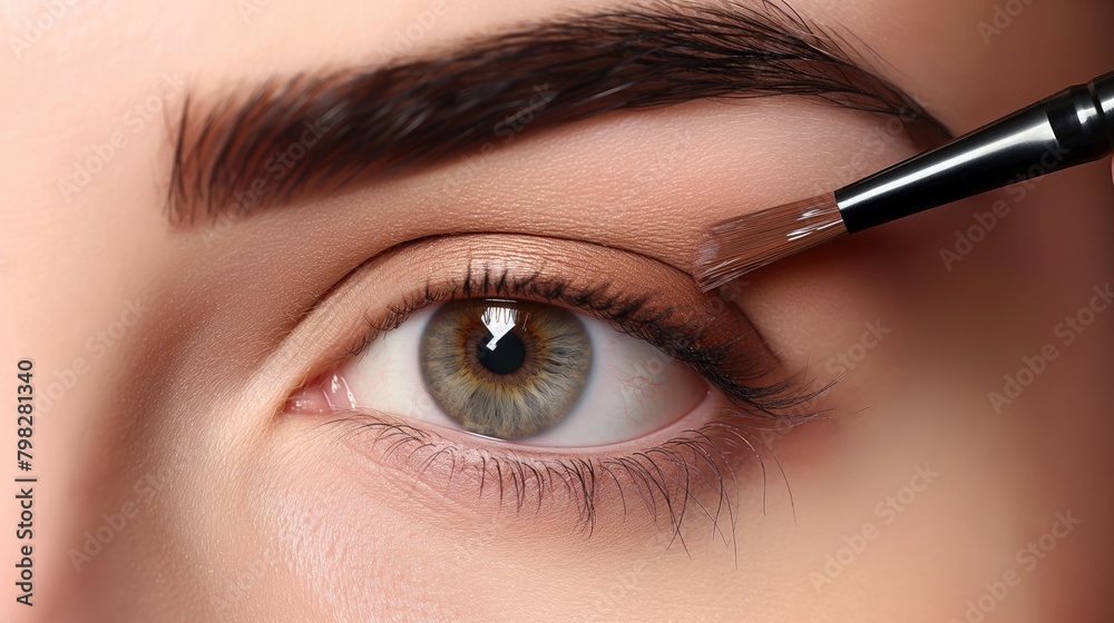 Naklejka premium Makeup artist applying eye shadow on eyes of a beautiful young woman.