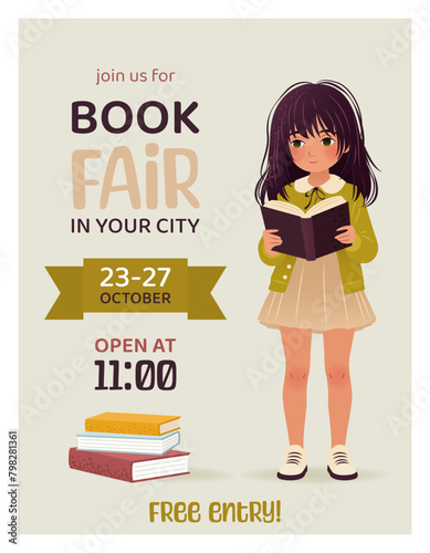 Book fair or festival vertical poster for advertising, promo, invitation, sale. Little girl with books. Vector banner with text on background. Education and event concept. World book day.