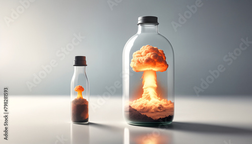 A nuclear or atomic explosion in a bottle standing on a table in a room on a desert landscape background. The concept that there are no small or large nuclear bombs