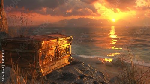 Bathed in the warm hues of sunset, the treasure box reveals its secrets in stunning HD clarity, its aged wood and intricate engravings telling tales of bygone adventures and hidden riches photo