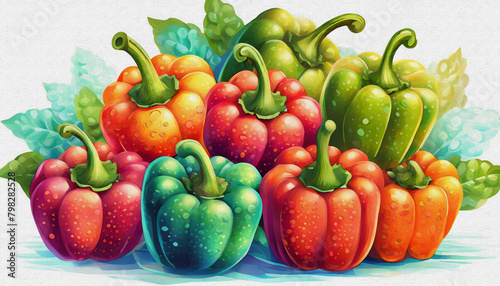 oil painting style CARTOON CHARACTER CUTE Pile of red and green bell peppers for a vegetable theme background  