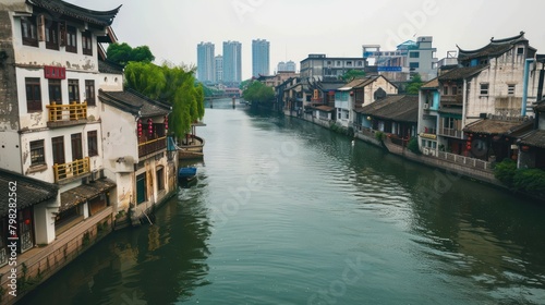 beautiful views of the river town and ancient buildings and local homes photo