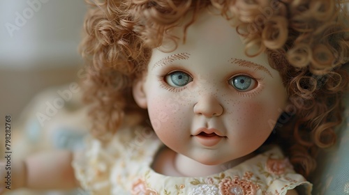 Close-up of a fabric baby doll with embroidered features, soft curly hair, and a detailed dress, set against a light background