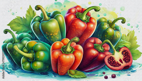 oil painting style CARTOON CHARACTER CUTE Pile of red and green bell peppers for a vegetable theme background,  photo
