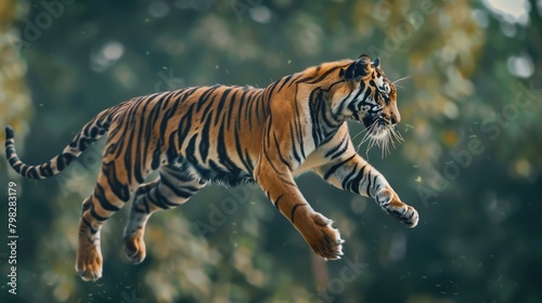 A panoramic view of a tiger leaping gracefully through the air  capturing the agility and power of these magnificent animals on International Tiger Day.