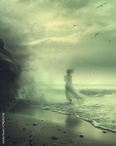  Mysty image with woman in fog neas coatline. Between water and wind