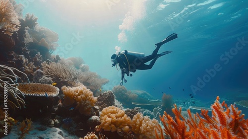 A dynamic and energetic image of a scuba diver exploring a coral reef  representing the importance of responsible and sustainable tourism on World Reef Awareness Day.