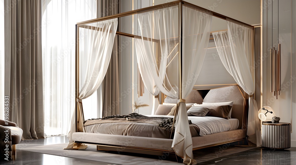 Enveloped in a canopy of sheer curtains, the modern luxury bed commands attention with its bold geometric frame and plush velvet upholstery, inviting you to indulge in the lap of contemporary opulence