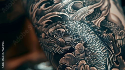 Every curve and contour of the tattoo design is rendered in exquisite detail, the camera lens capturing the fine nuances of shading and depth that bring the artwork to vivid life