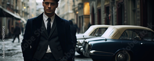 A brooding man in a suit standing alone on a moody, atmospheric city street photo