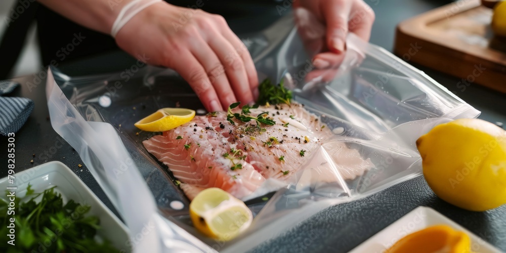 Salmon fillets packaged in a vacuum seal. A cooking method called sous-vide, which uses new