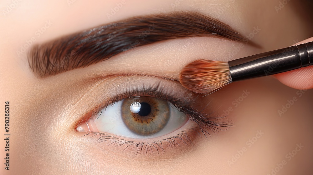 Naklejka premium Makeup artist applying eye shadow on eyes of a beautiful young woman.
