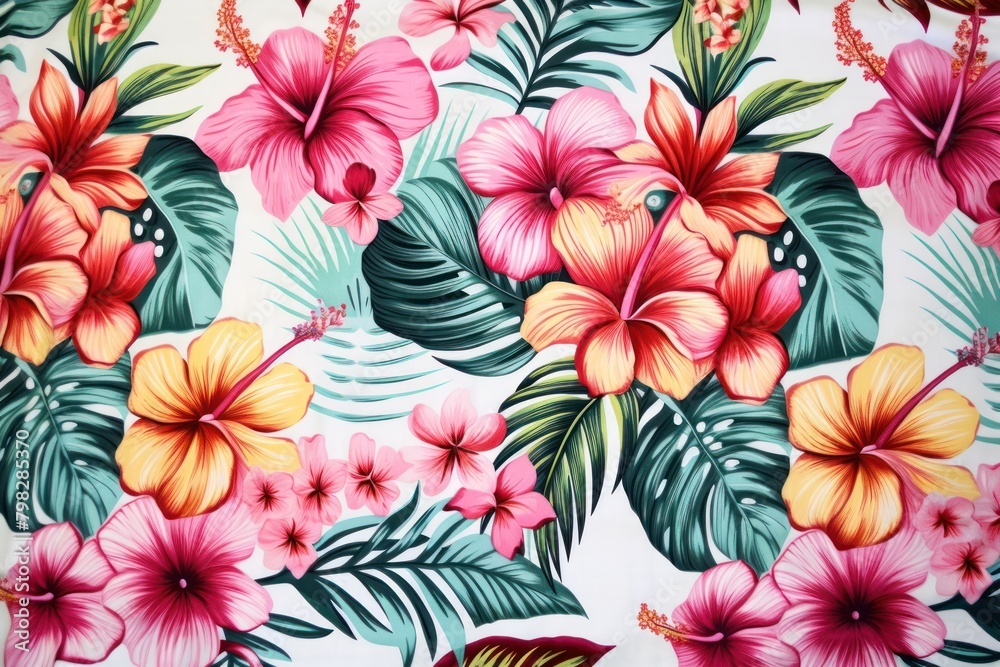 Textile hawaii pattern fabric graphics hibiscus blossom.