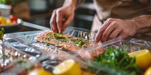 Salmon fillets packaged in a vacuum seal. A cooking method called sous-vide, which uses new photo