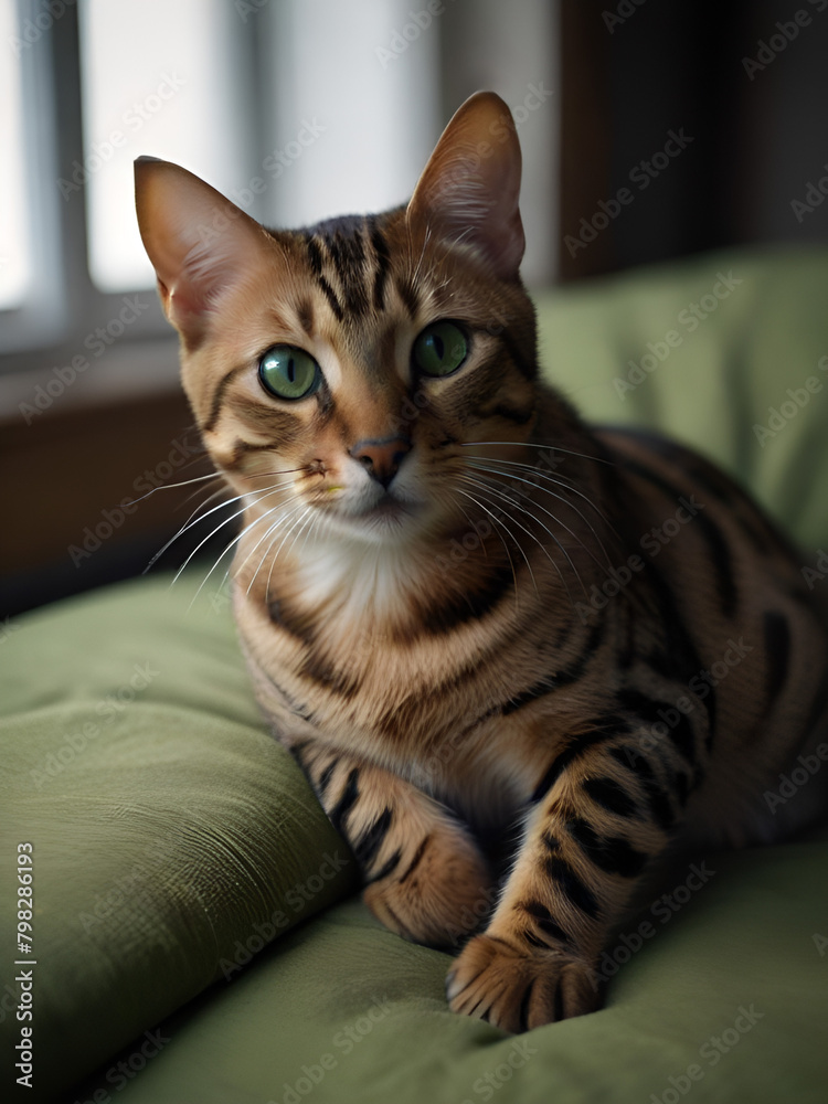 portrait of a bengal cat with green eyes 