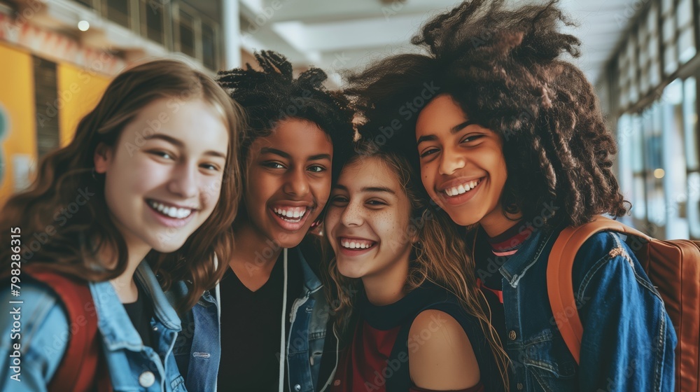 Young teen friends pictured together in high school Young teen friends pictured together in high school